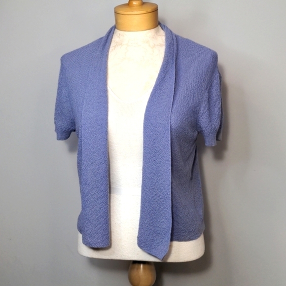 Eileen Fisher 100% Wool Periwinkle Purple Open Cardigan Short Sleeve Knit Size M - Picture 4 of 15